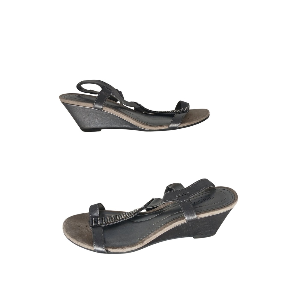 Comfort Plus by Predictions Wedge Sandals‎ 8W Pewter Rhinestone Metallic Glam